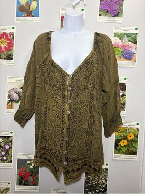 Studio West Olive Green Button-Front Tunic
